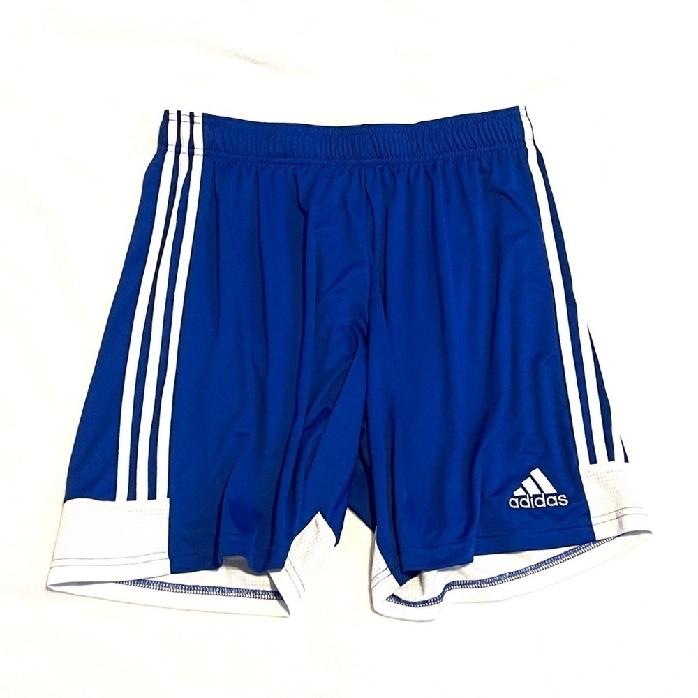 Adidas Blue & White Men’s Athletic Shorts Pockets Medium Pull On Elastic Waist